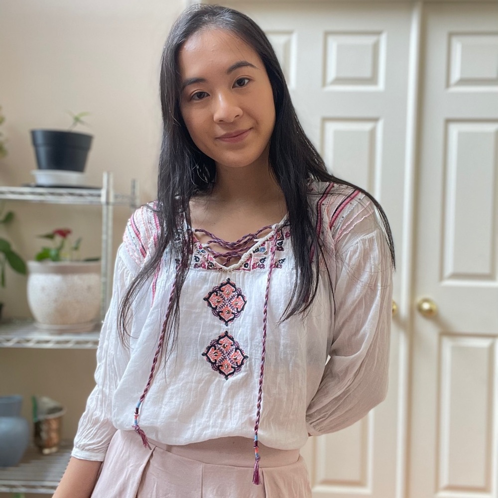 White Embroidered Peasant Top